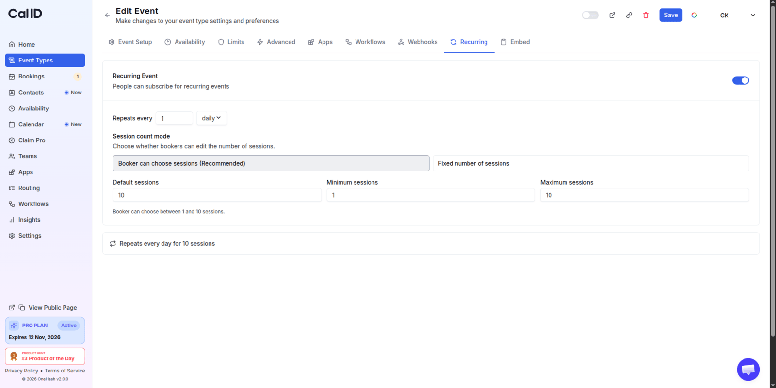 Recurring Event toggle switched on