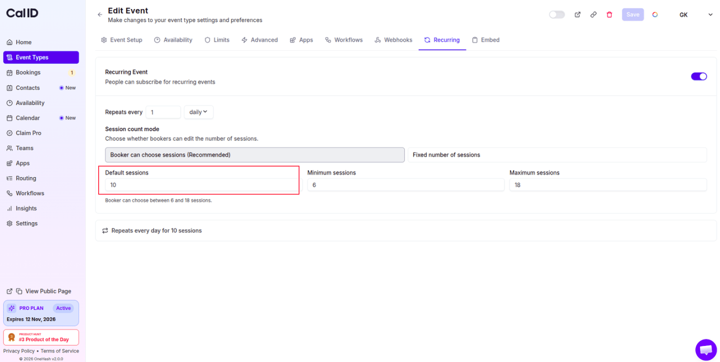 Default occurrences setting