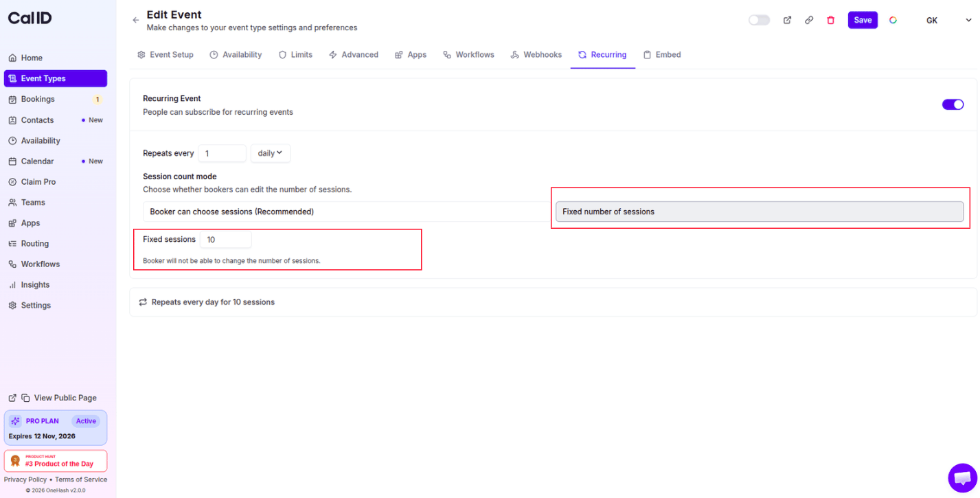 Fixed number of sessions setting
