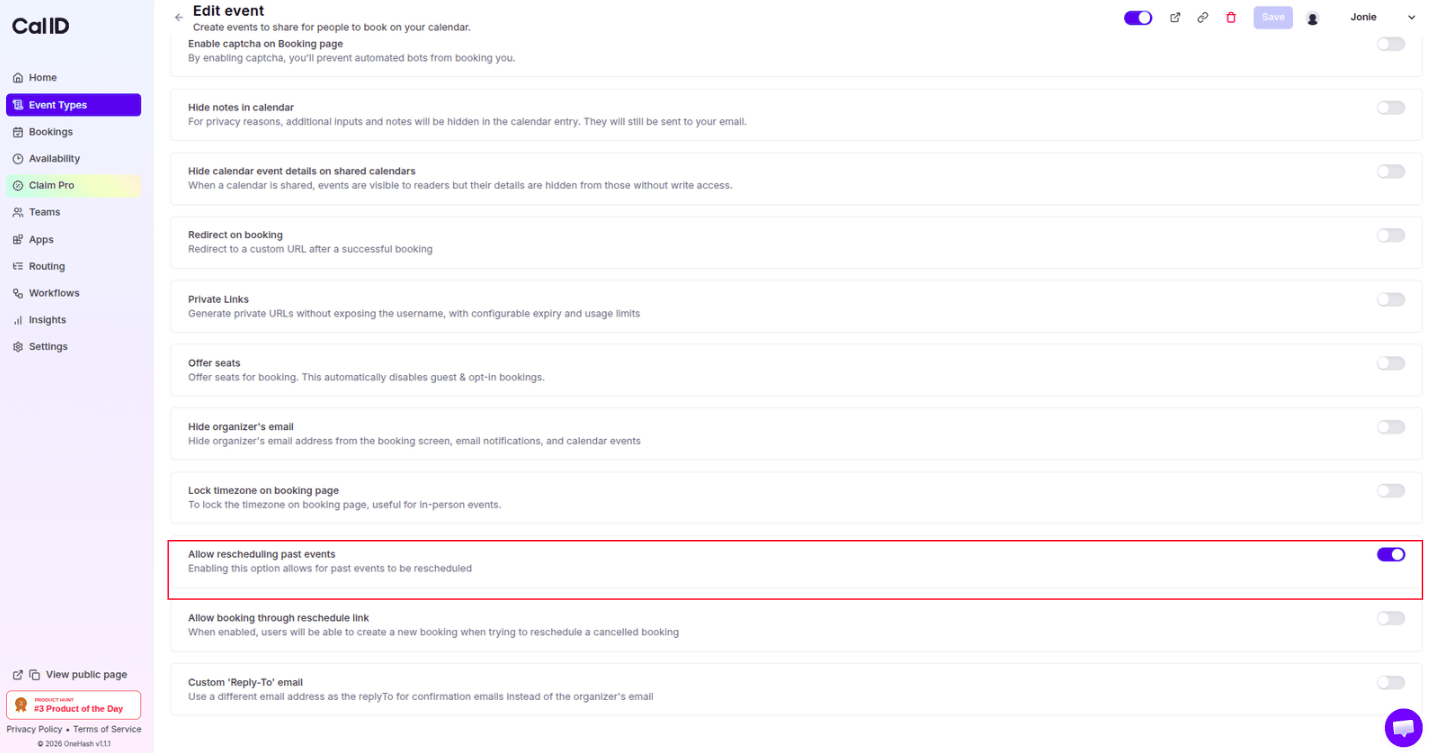 Allow rescheduling past events toggle