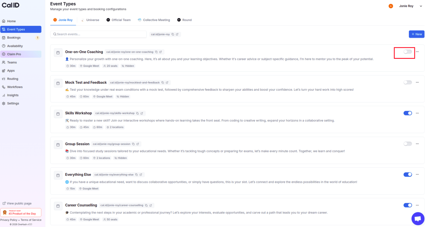 Toggle on the Event Types list