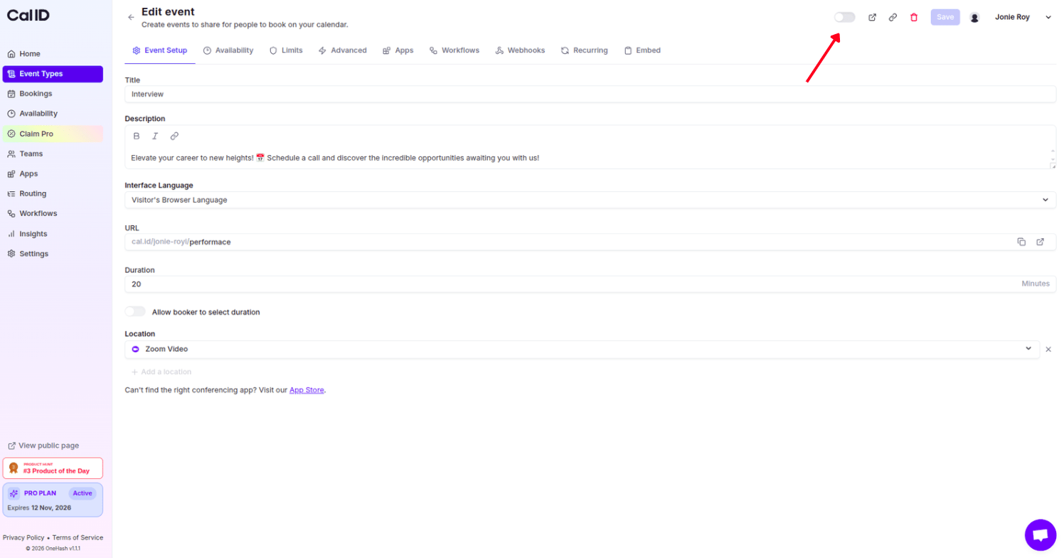Toggle on the edit event page