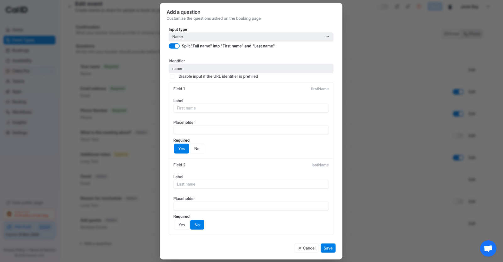 Setting labels and placeholders for the first and last name fields
