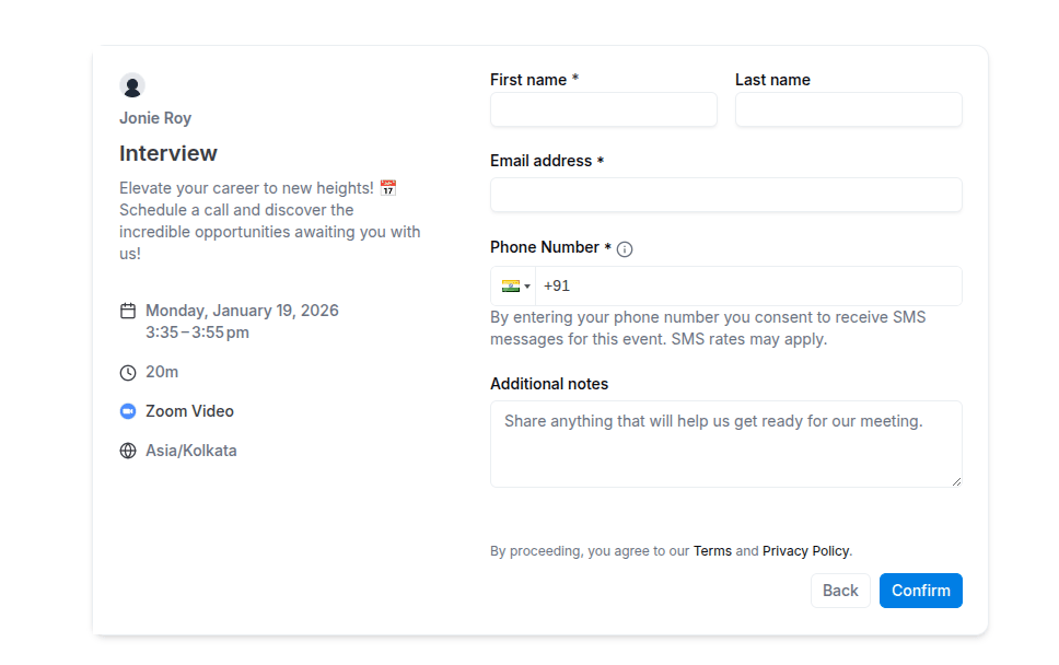The public booking page showing separate first and last name fields