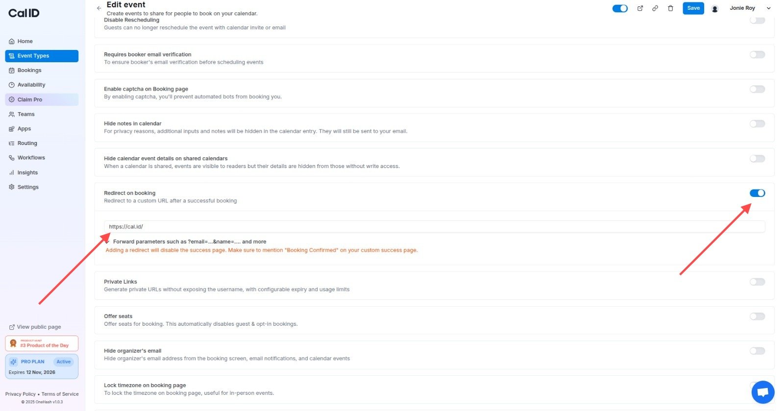 Redirect on booking URL field