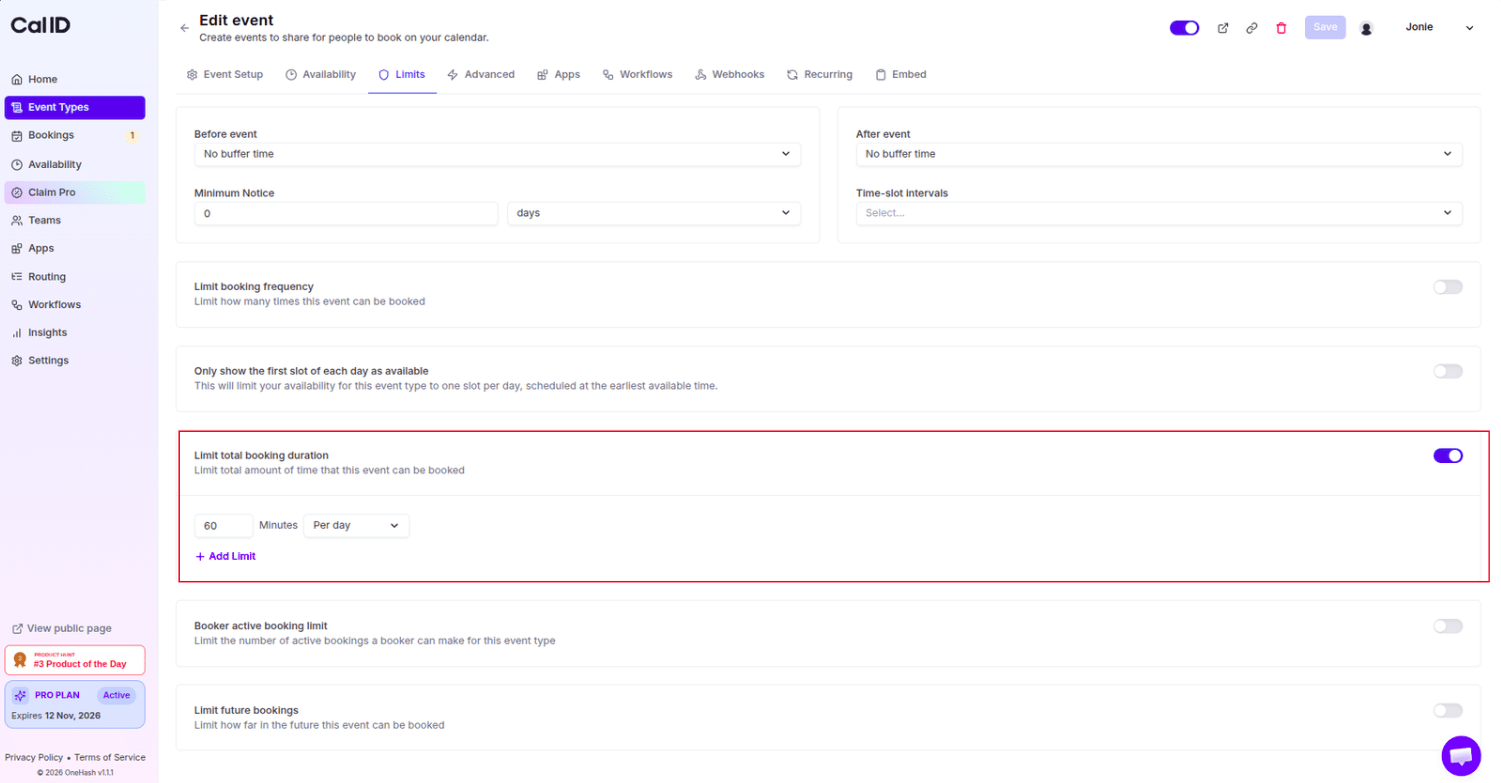 Configuring the total booking duration limit in the Limits tab