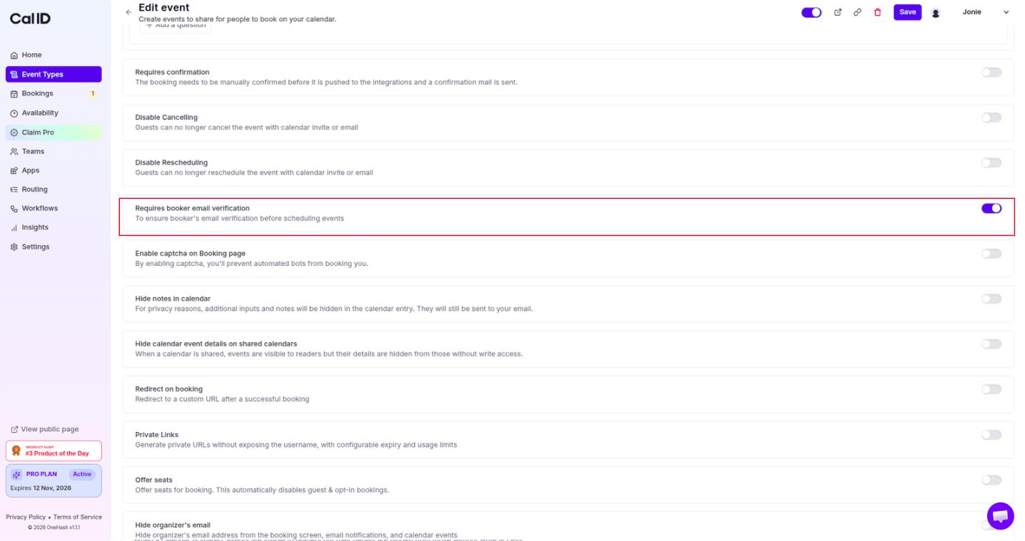 Enabling the Requires booker email verification toggle in the Advanced tab