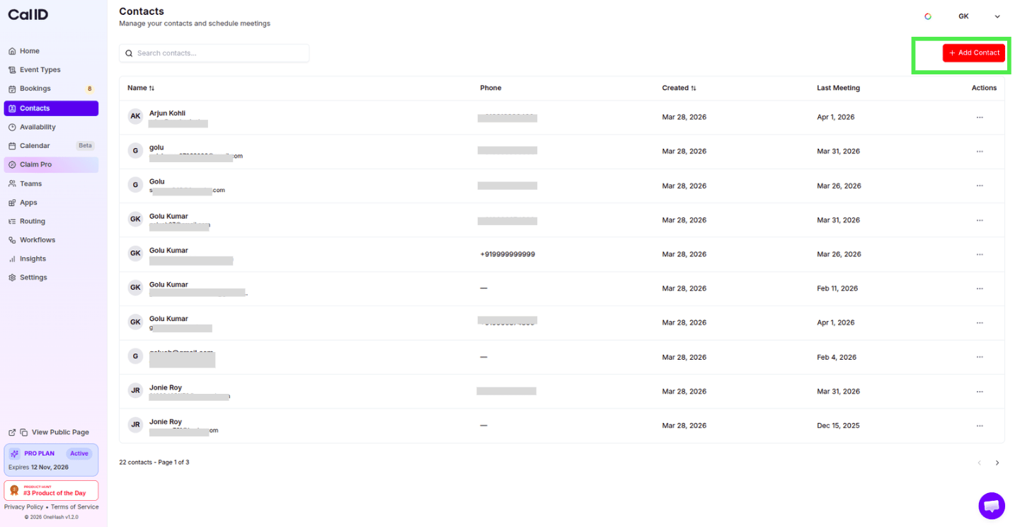 Add Contact button at the top right of the Contacts page