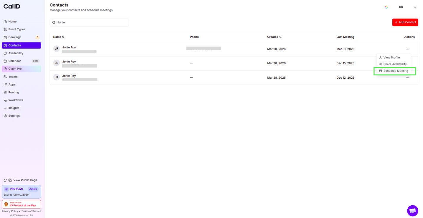 Schedule Meeting option in the Actions menu