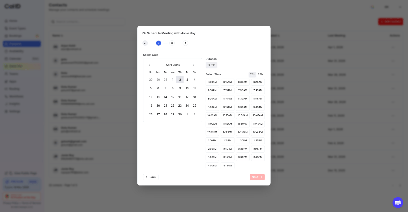 Selecting a date and time slot
