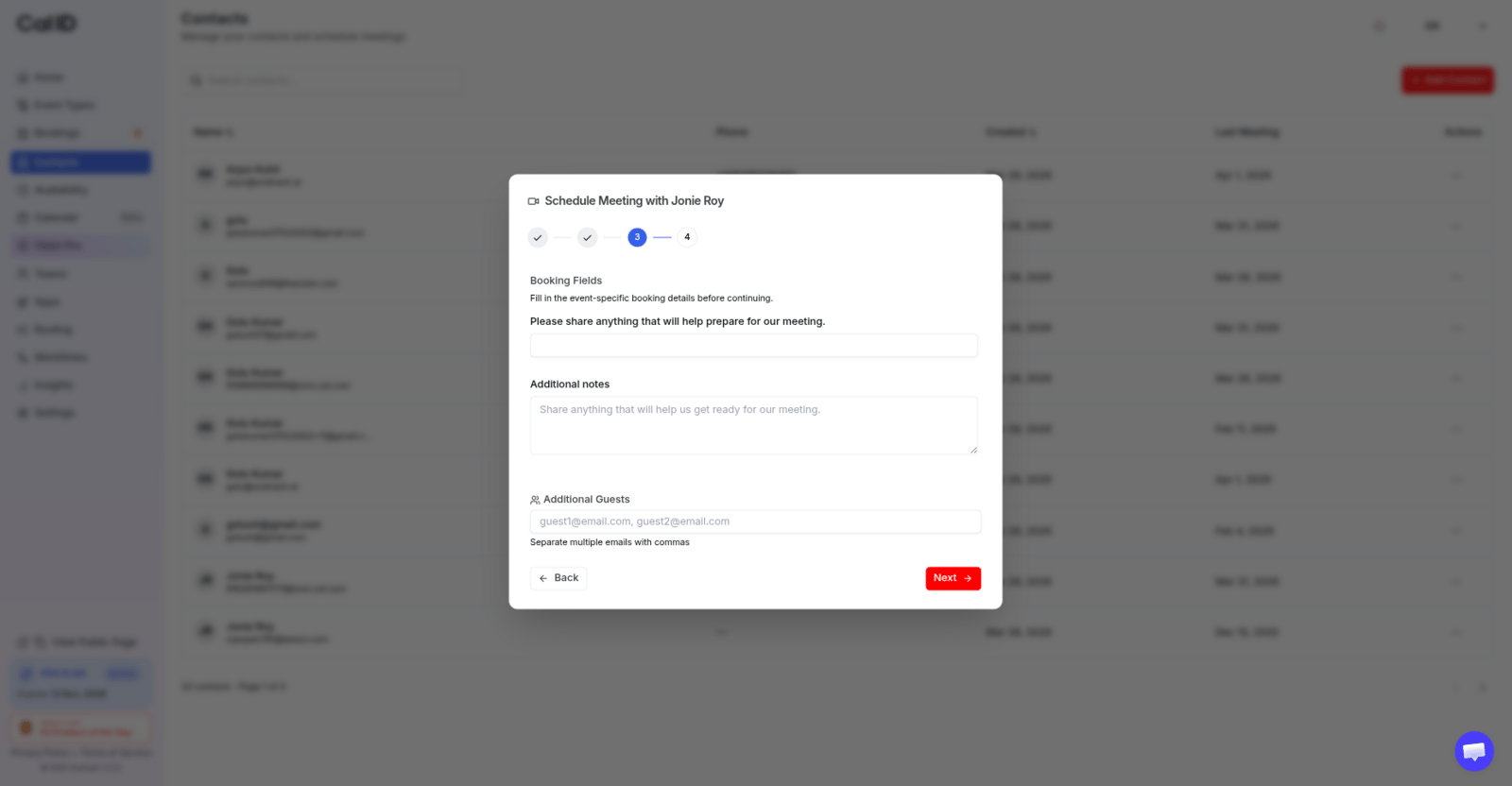 Booking questions pre-filled with contact info