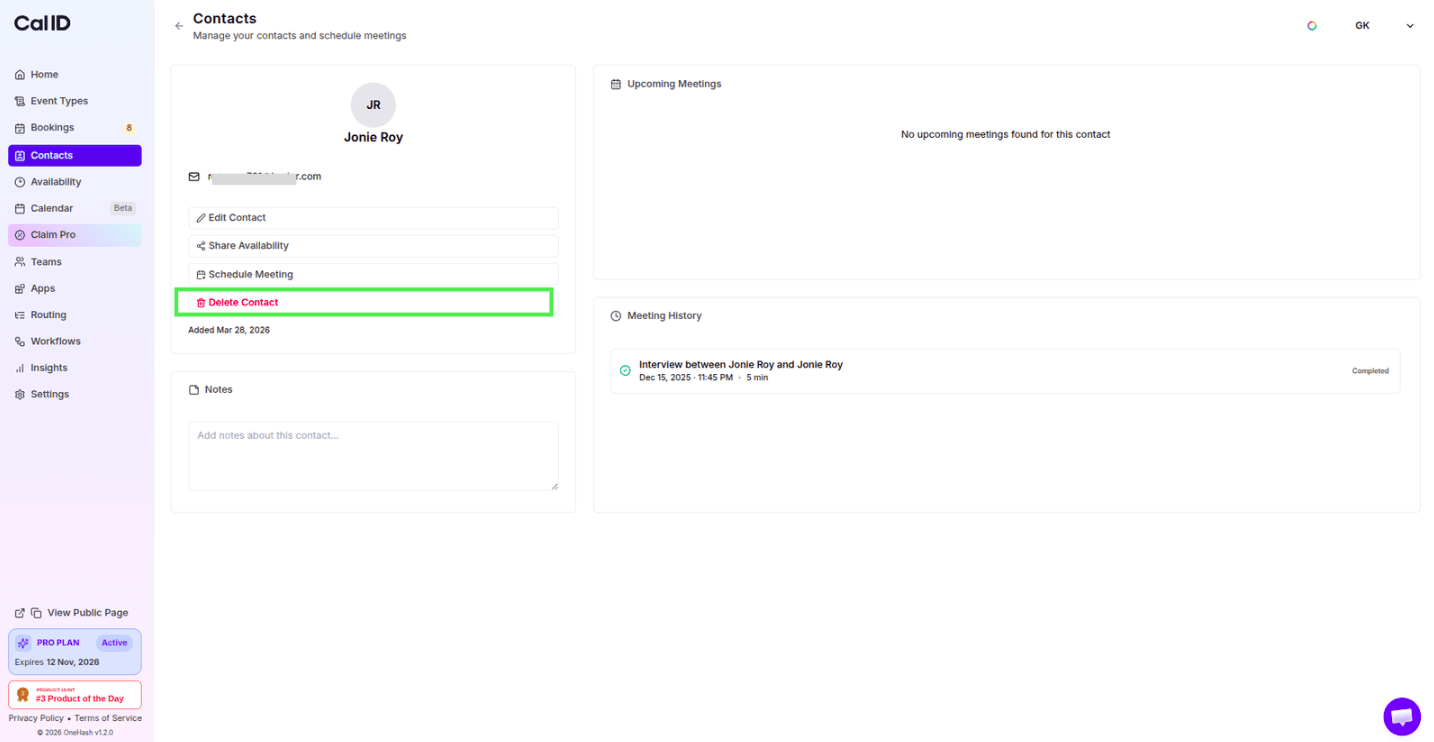 Delete Contact button on the profile page