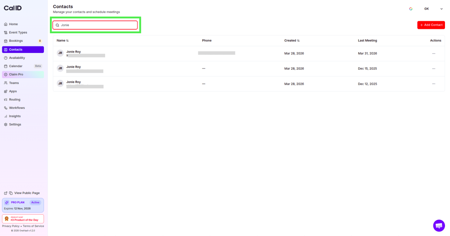 Contacts search bar
