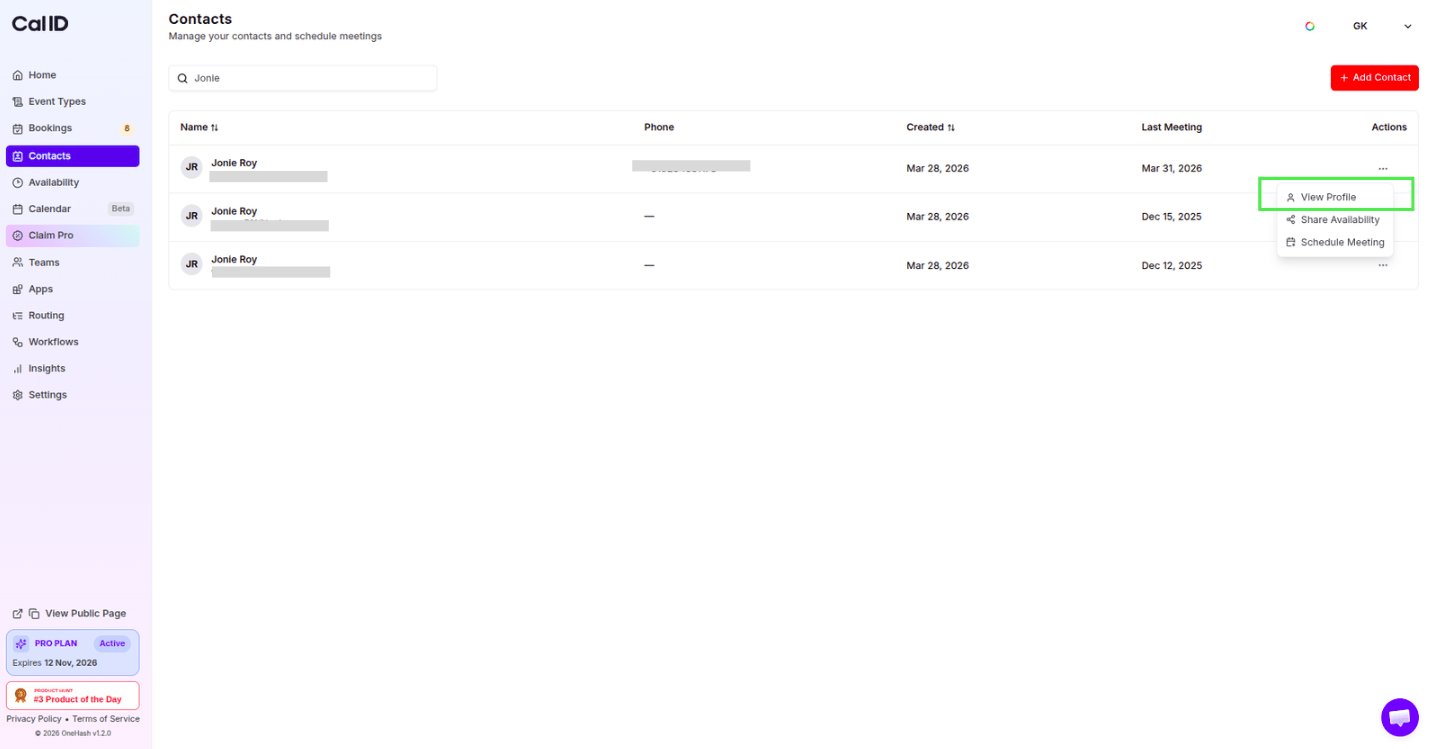Actions menu with View Profile option