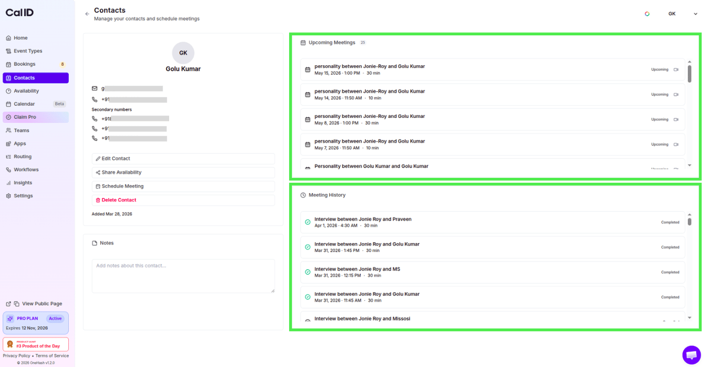 Contact profile with meeting history