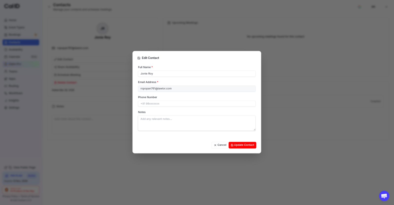 Edit contact pop-up