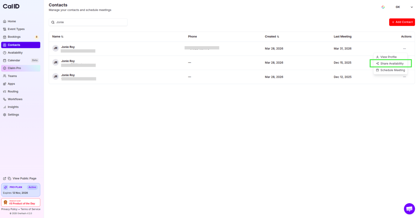 Share Availability option in the Actions menu