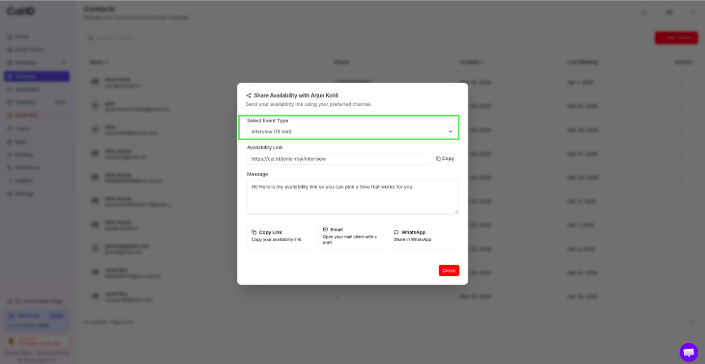 Selecting an event type to share