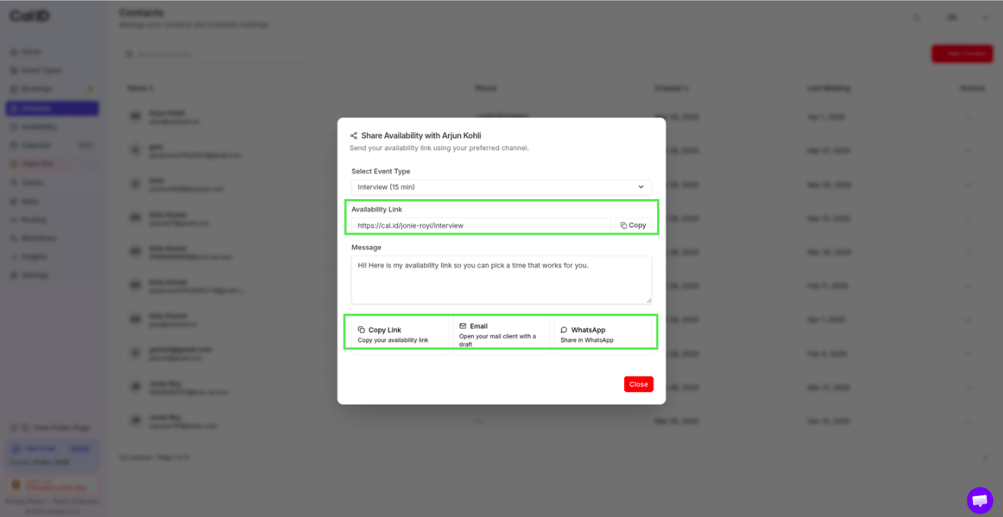 Copy link, WhatsApp, and Gmail sharing options