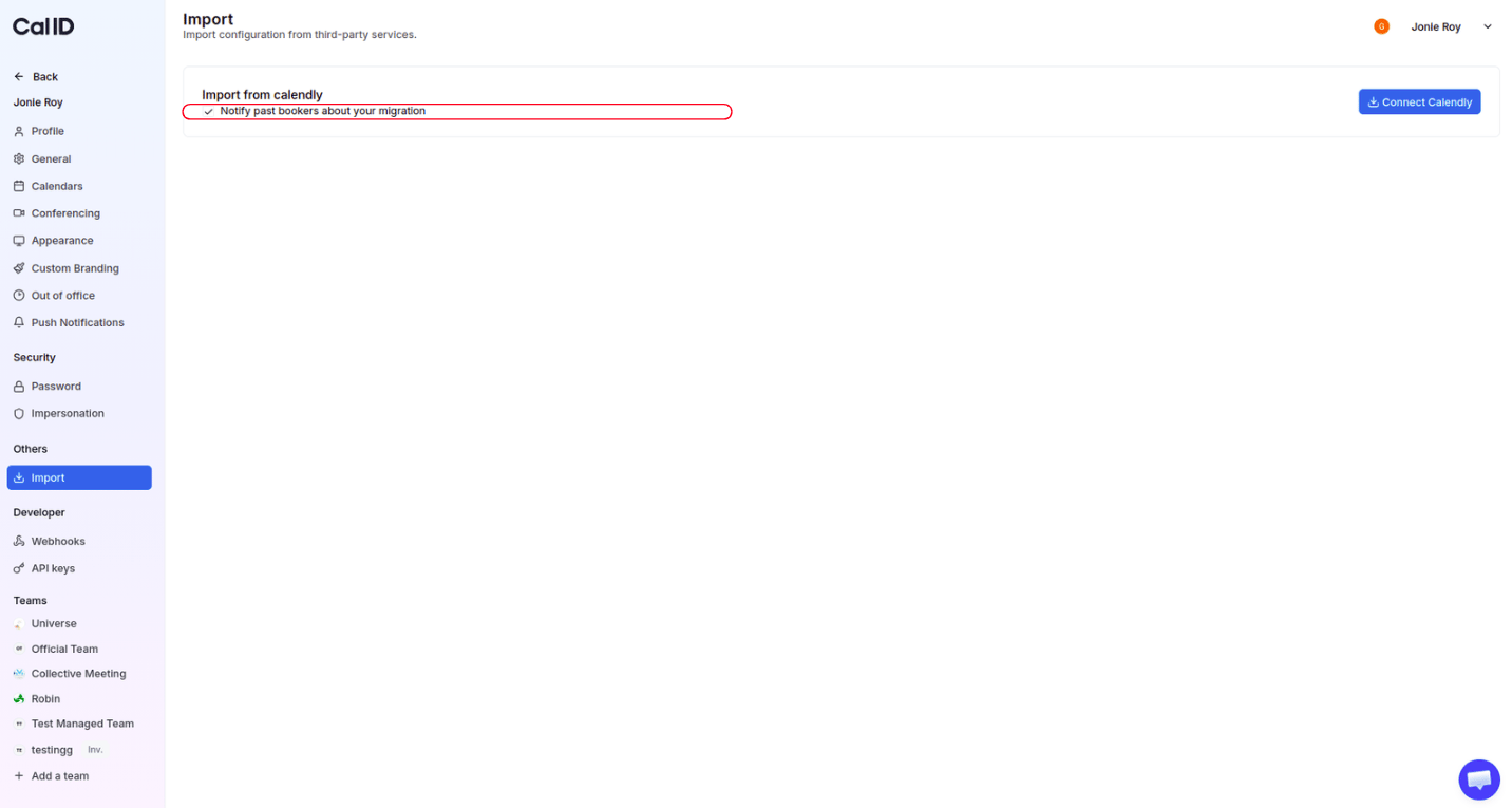 Import from Calendly section with the notify past bookers option