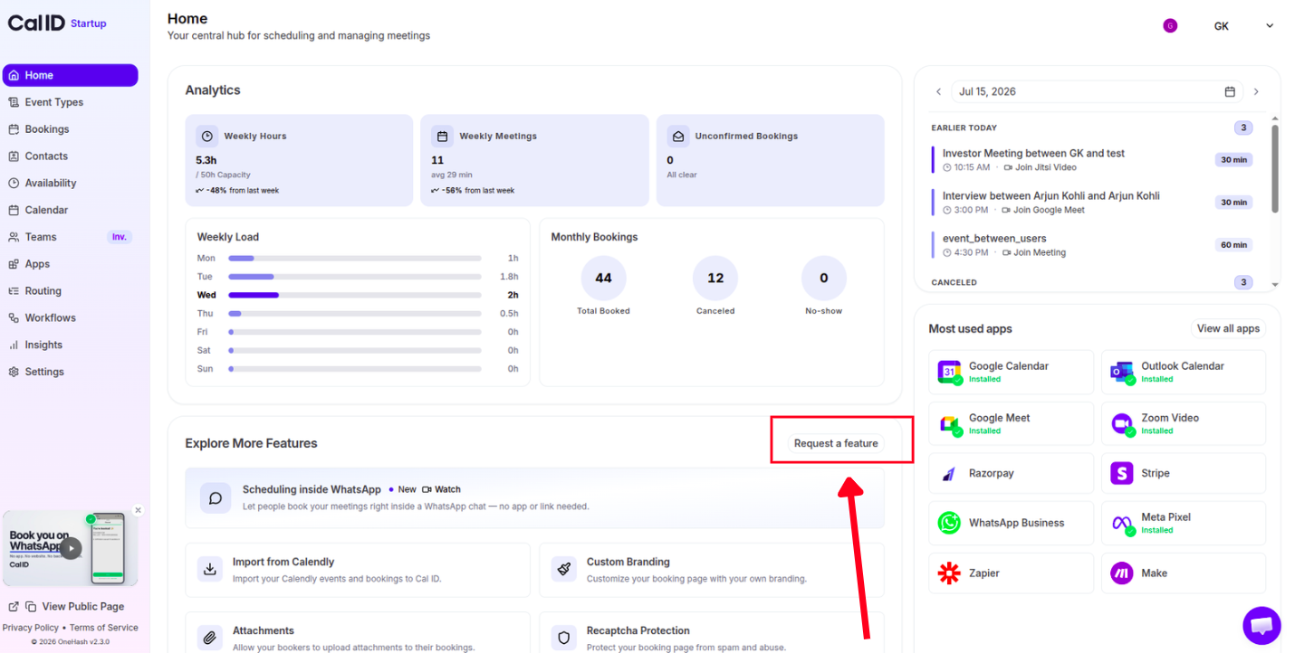 Request a Feature option under Explore More Features in the Cal ID dashboard