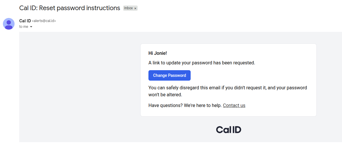 Email sent confirmation screen shown after requesting a password reset, telling you to check your inbox