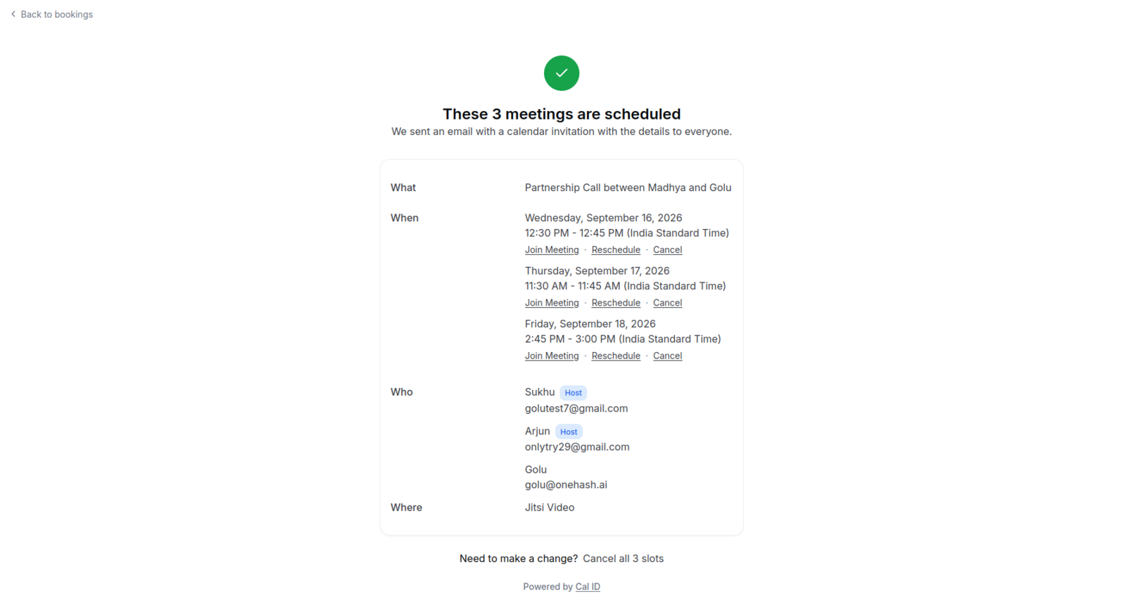 Collective event confirmation page listing each slot with its date, time, timezone, meeting URL, host name and host email