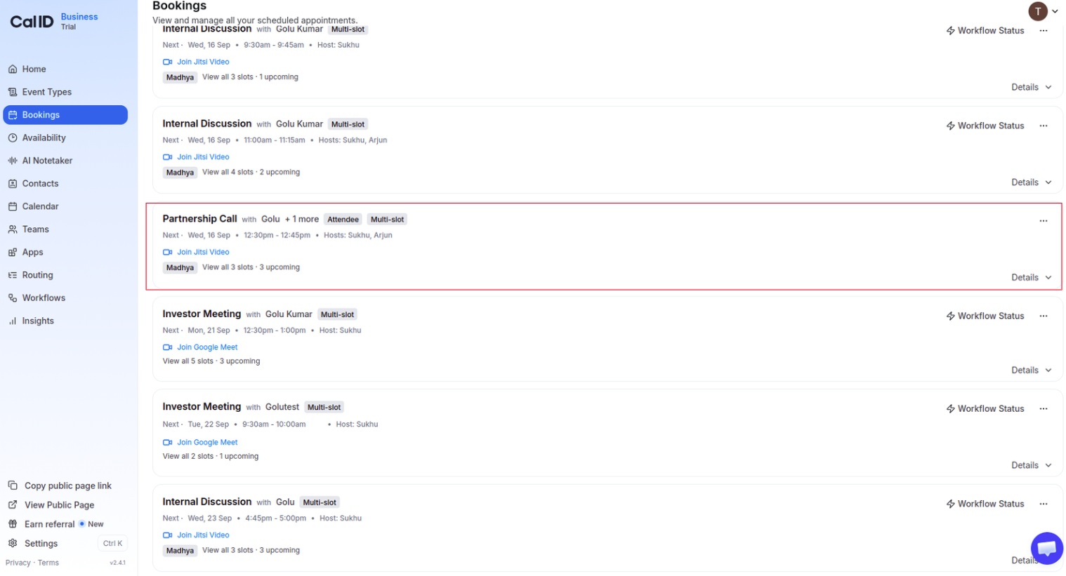 Bookings tab listing the individual bookings created by one collective multi-slot booking