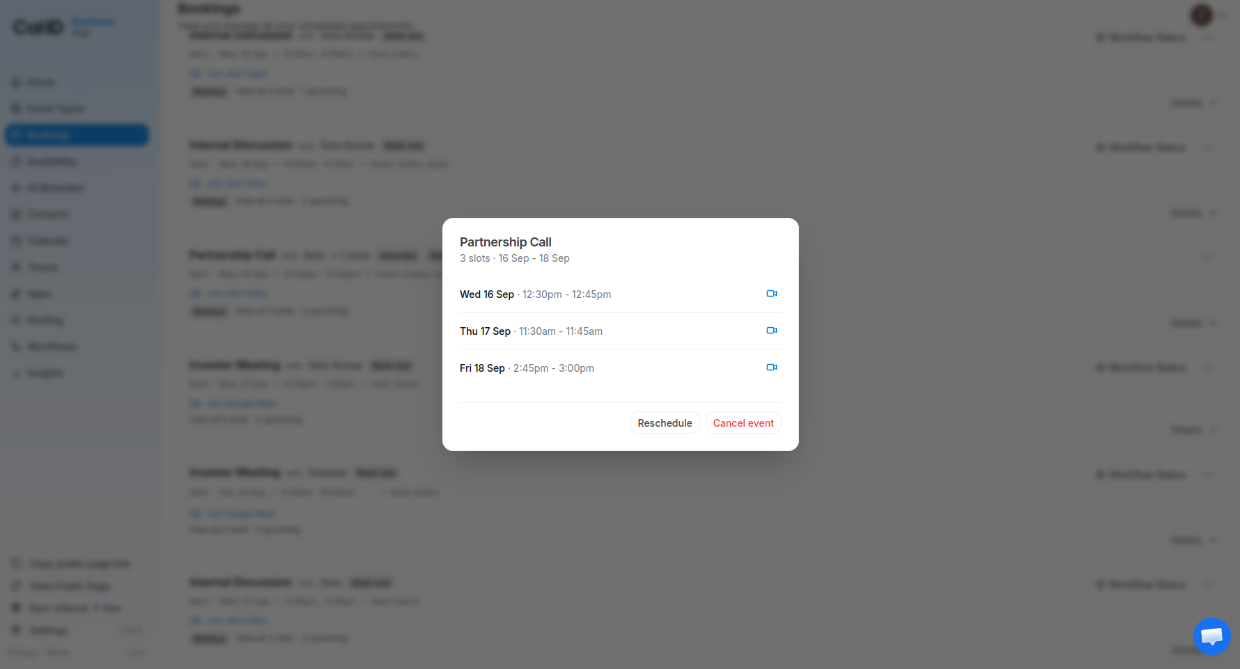 Detail view of one booking created by a collective multi-slot booking, with its own reschedule and cancel actions