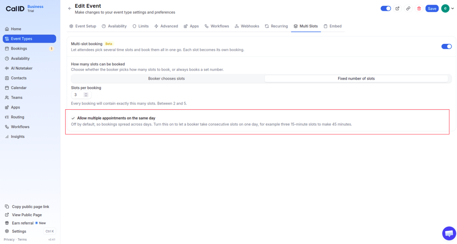 Allow multiple appointments on the same day toggle on the Multi Slots tab, switched on beneath the slot count settings