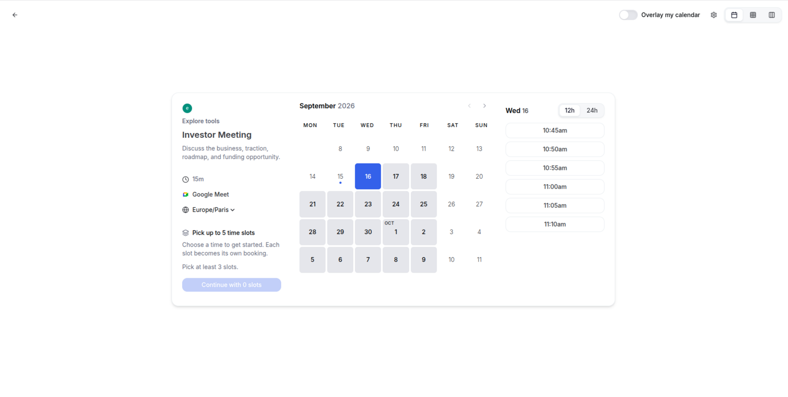 Public booking page for a multi-slot event showing the month calendar and the list of available times before any slot is picked