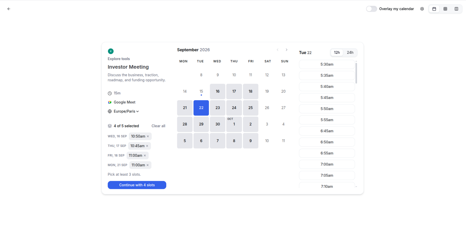 Booking page with several time slots highlighted as selected and a running count of the chosen slots