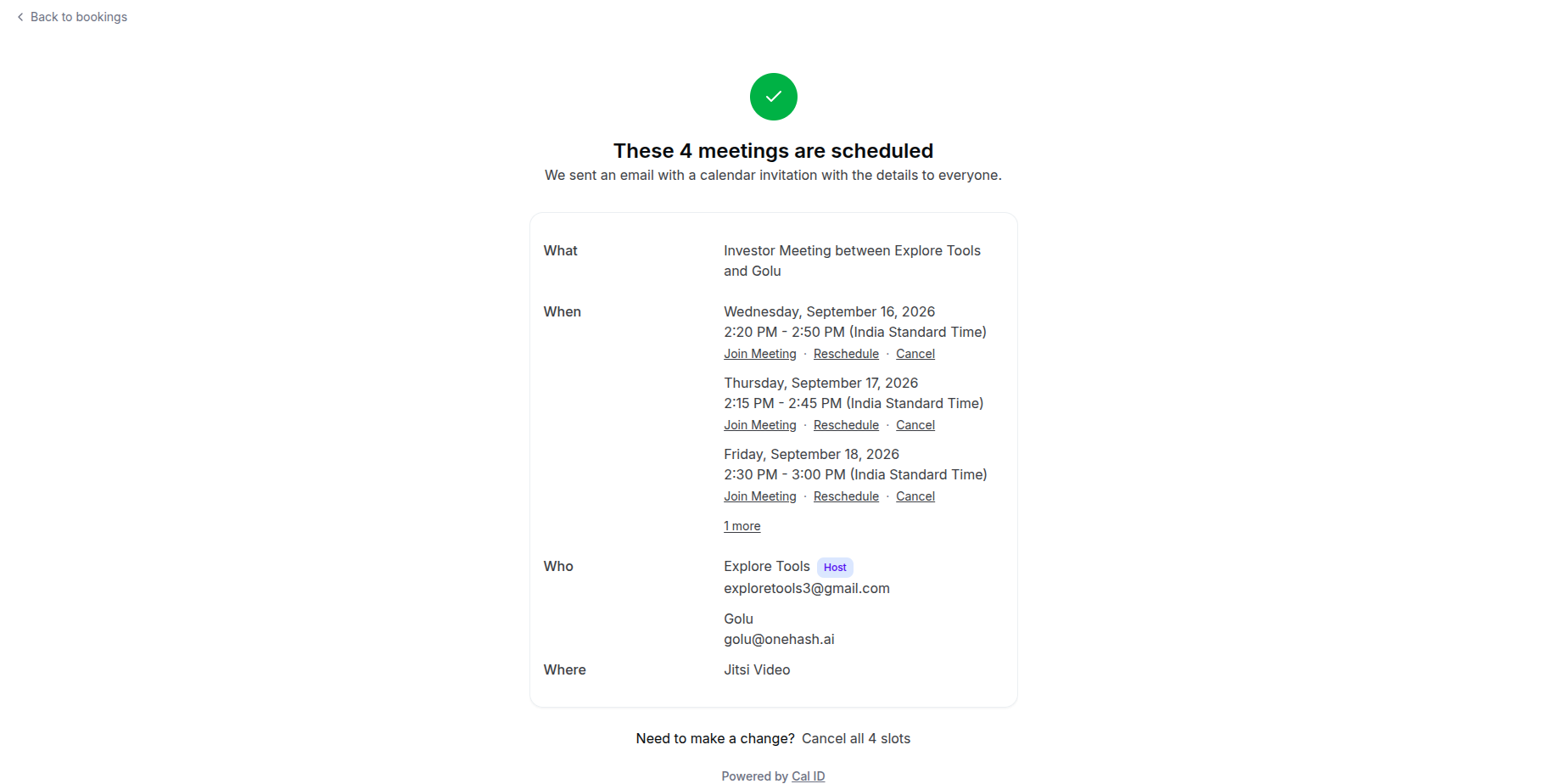Confirmation page listing each booked slot with its date, time, meeting URL, and its own Reschedule and Cancel links
