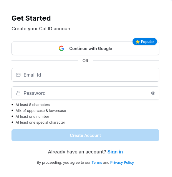 Sign up form with email and password