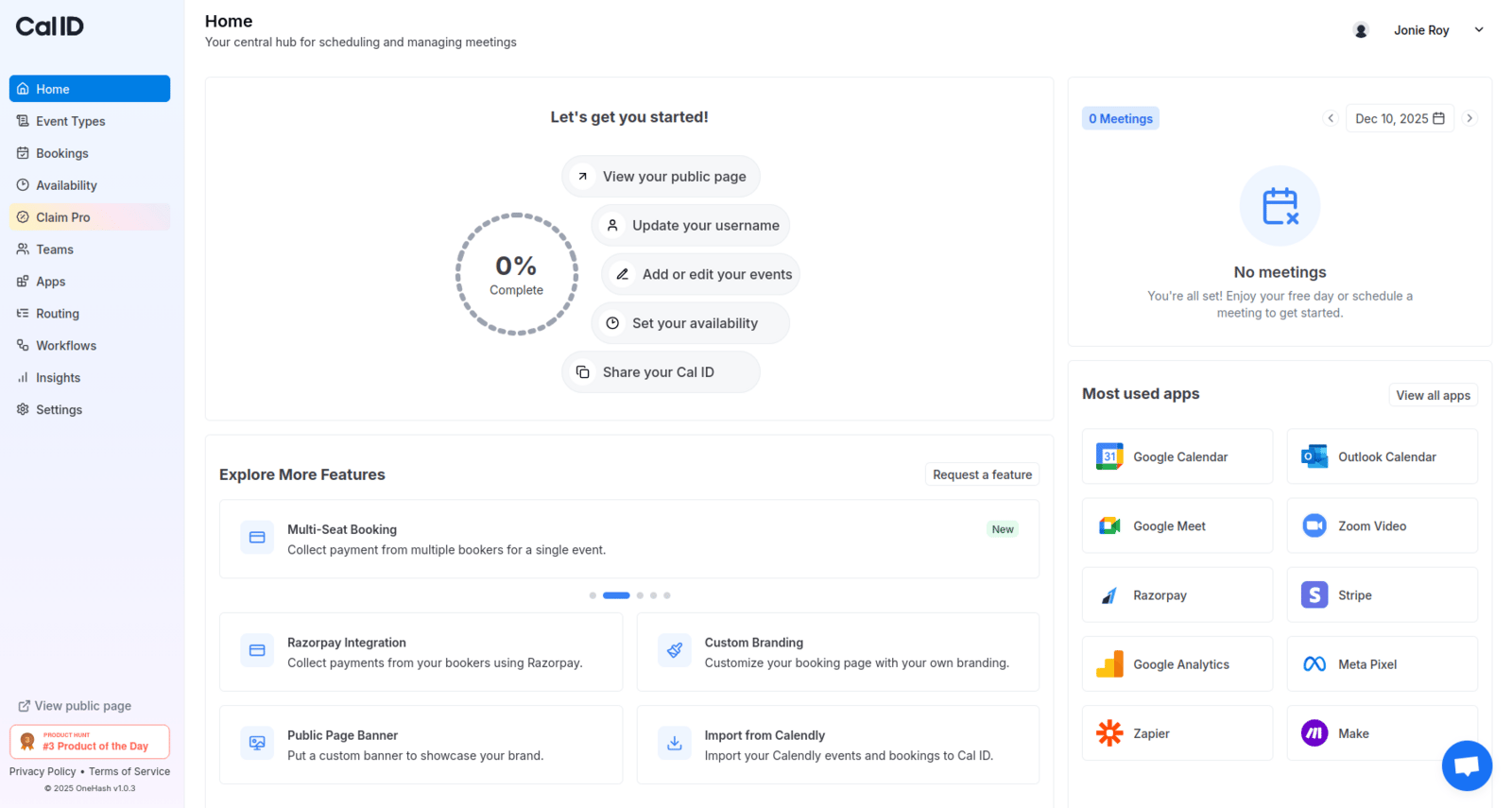 Cal ID Home page after onboarding