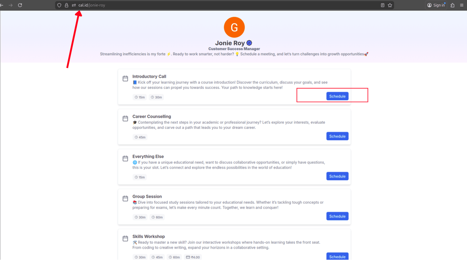 Public booking page listing available event types