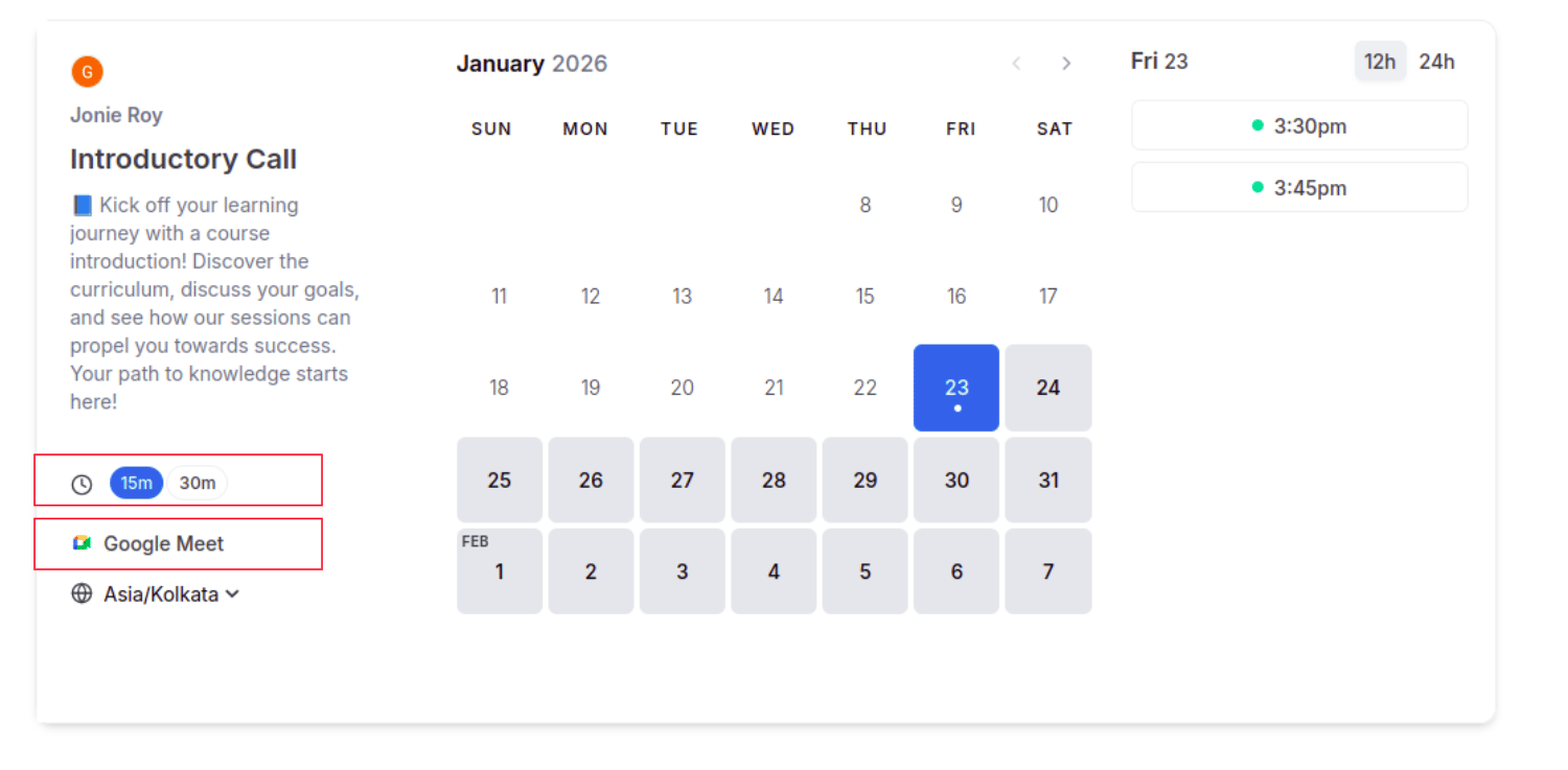 Calendar with date, time, duration, and timezone options