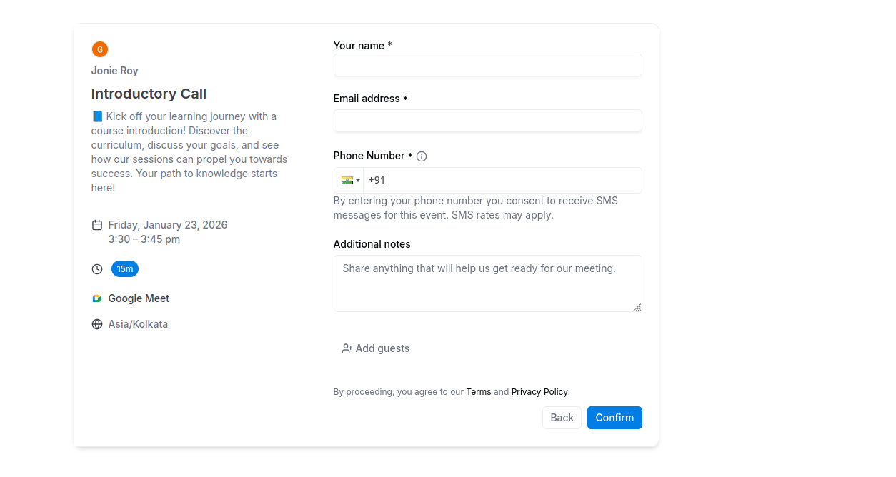 Booking details form with attendee questions