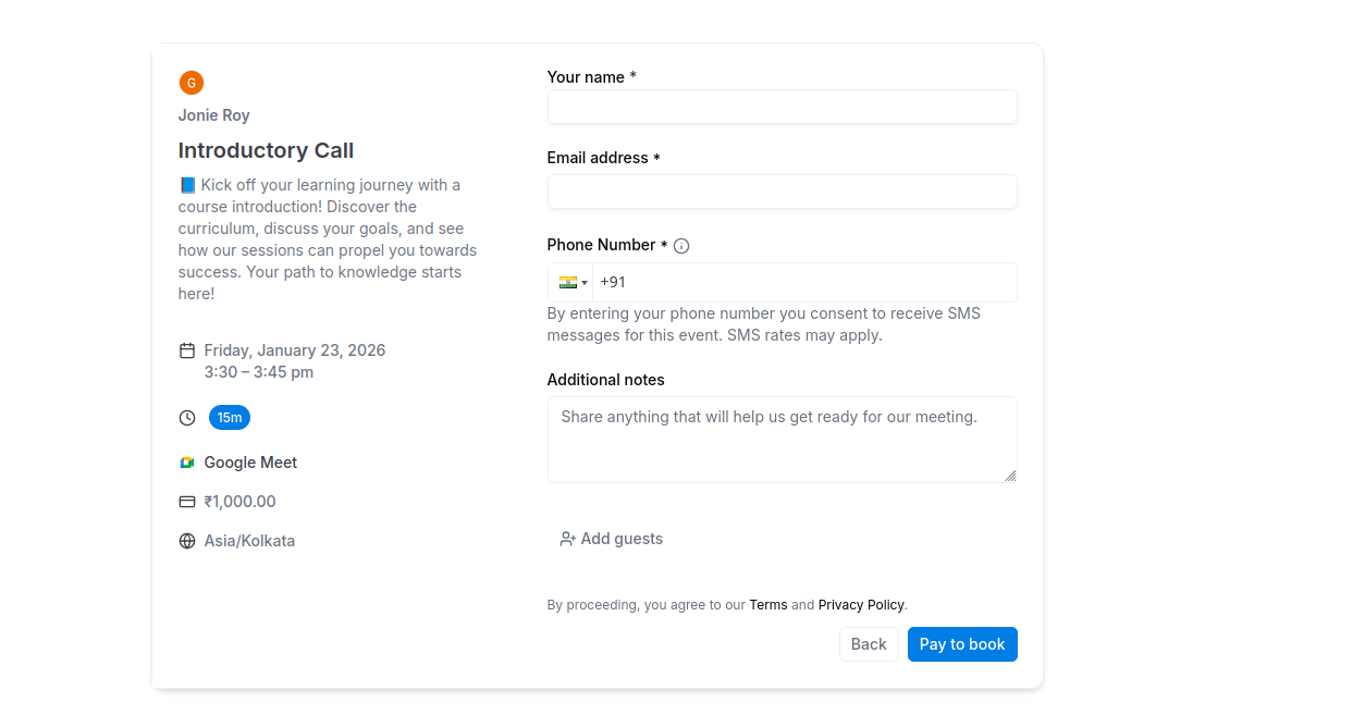 Payment step for a paid booking