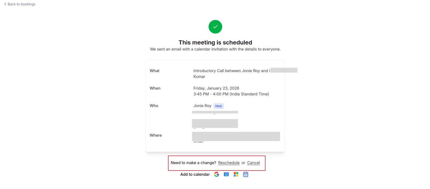 Reschedule and cancel options on the booking confirmation page