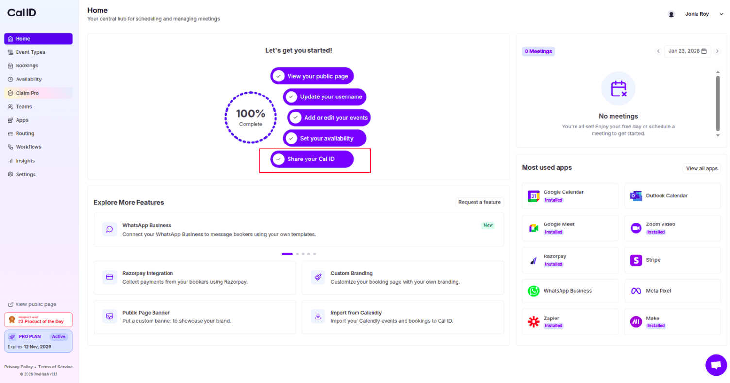Share your Cal ID button on the Home dashboard