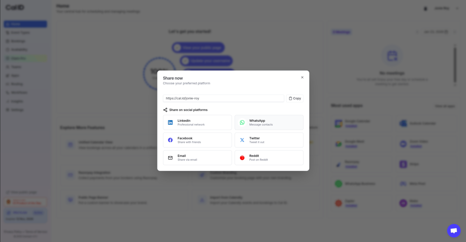 Pop-up showing your booking link with copy and social share options