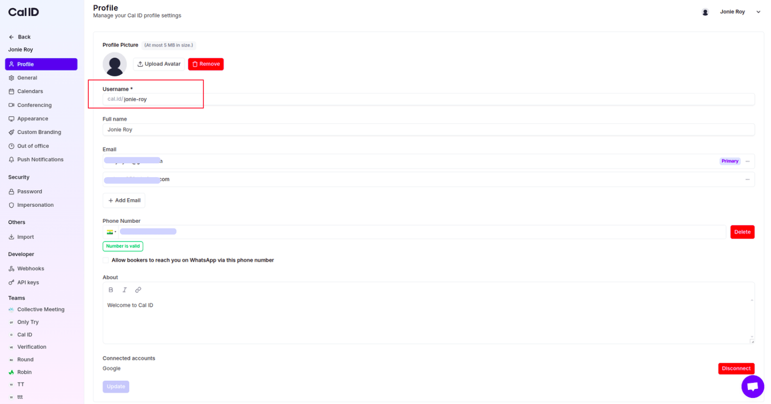 Username field in Profile settings