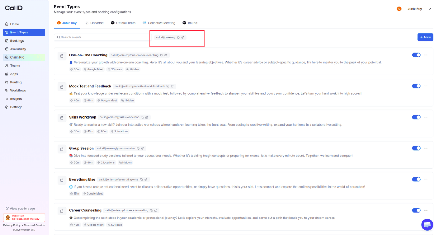Booking link and copy icon on the Event Types page