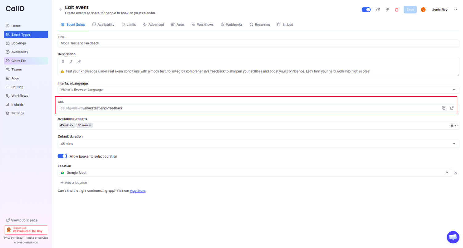 URL field in the Event Setup tab of the event editor
