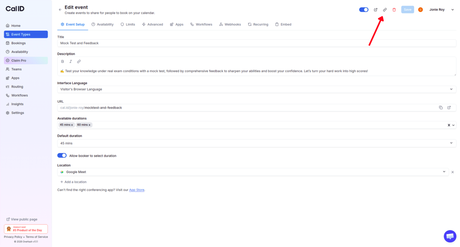 Live booking page preview for a specific event type