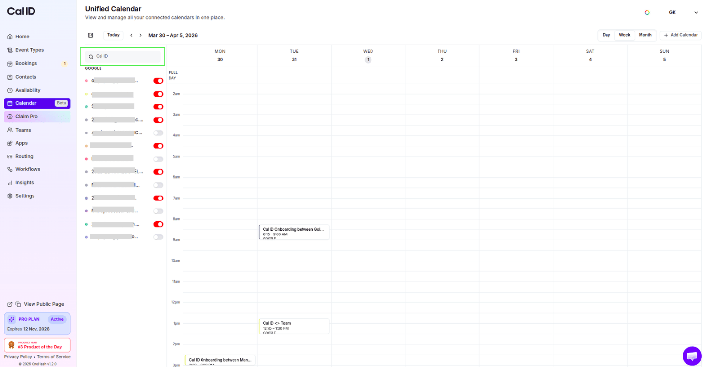 Unified Calendar with the calendar list in the left sidebar