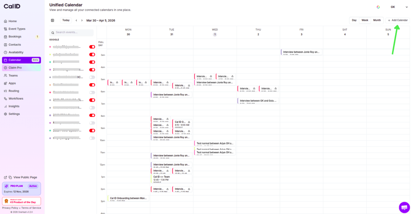 Add Calendar button in the top right corner