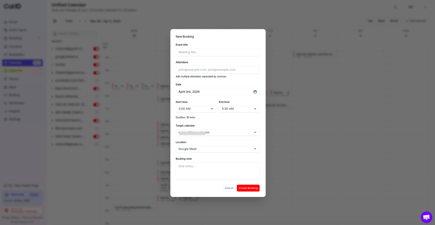 New booking pop-up with event details fields