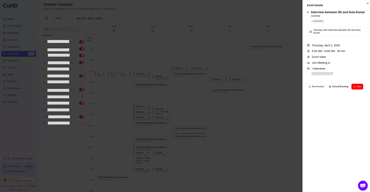 Event Details panel for an existing booking